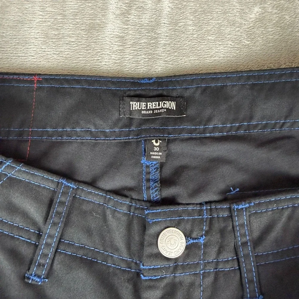 True Religion Cargo Pants Mens 30x32 Jet Black w/ Blue Stitching $164 New NWT
